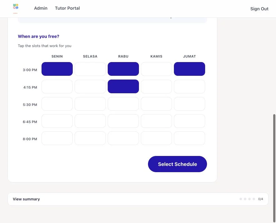 MathClinic booking screen with a weekly availability grid and schedule selection.