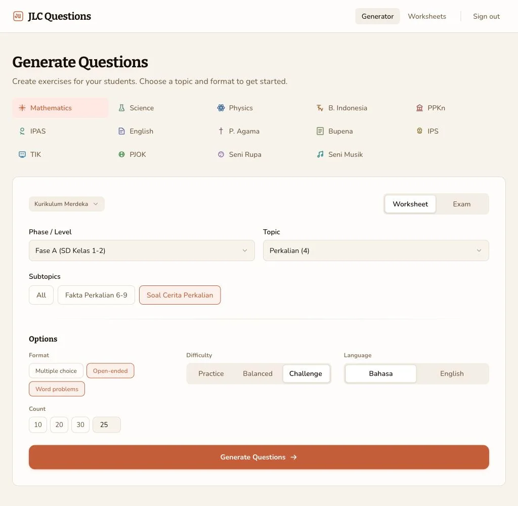 Joy Learning question generator with topic, subtopic, format and difficulty controls.