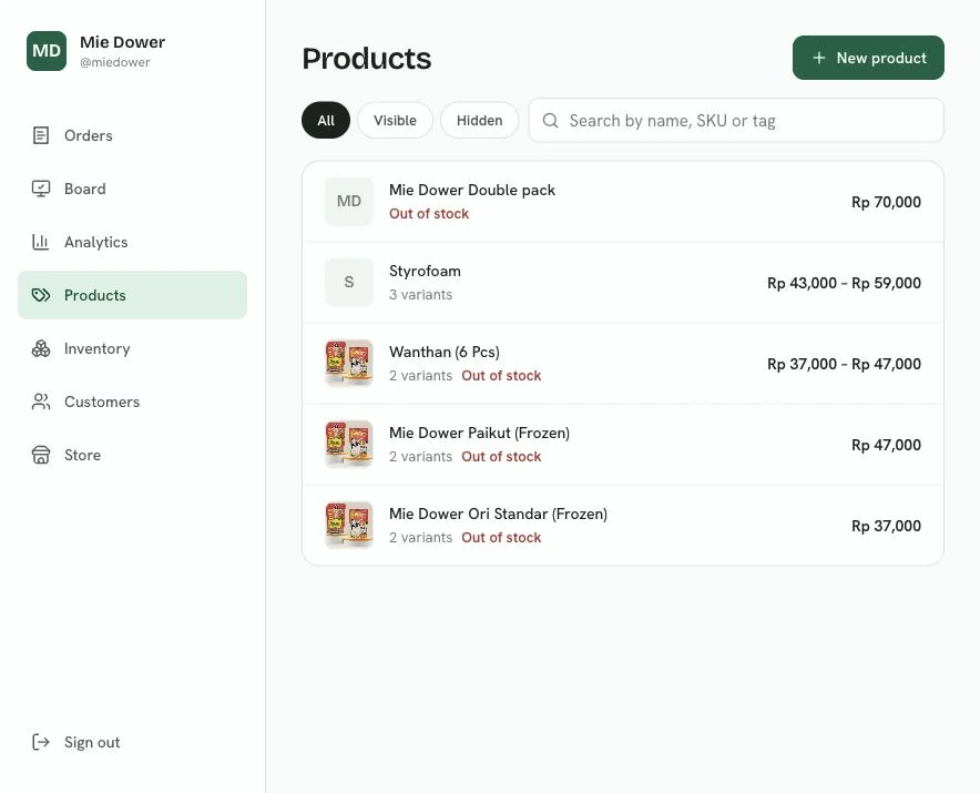 Dower product dashboard showing products, variants, prices and stock status.